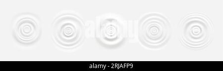 Kreisförmige Welligkeit auf weißer Flüssigkeitsoberfläche, Draufsicht auf runde konzentrische Wellen, die durch Tropfen auf Milch, Joghurt, Creme oder Kosmetik verursacht werden. Realistische, radial gewellte Textur in Vektorillustration. Stock Vektor