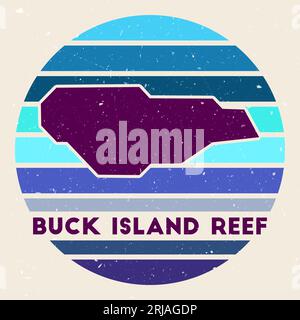 Buck Island Reef-Logo. Schild mit Karte und farbigen Streifen, Vektorillustration. Kann als Abzeichen, Logo, Etikett, Aufkleber oder Emblem des B verwendet werden Stock Vektor