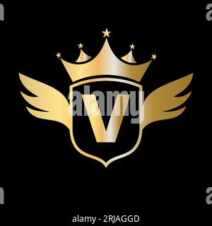 Logo „V Transportation“ mit Flügel, Schild und Krone. Wing-Logo Auf Shield-Symbol Stock Vektor