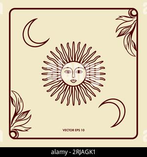 Esoterische Sonne mit Gesicht und Mond in einem wunderschönen Rahmen. Esoterische Vektordarstellung. Designelement für Karten, Cover, Banner, Flyer, Einladungen. Stock Vektor