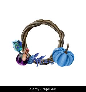 Kranz aus Zweigen, Kürbis, Trinkflasche, Pfauenfeder. Esoterische Vektordarstellung. Zum Erstellen von Grußkarten, Bannern, Flyern, Einladungen. Stock Vektor