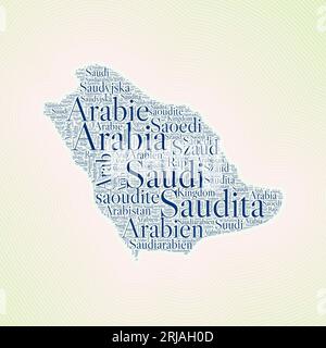 Saudi-Arabien Form wird durch den Ländernamen in mehreren Sprachen gebildet. Saudi-Arabien-Grenze auf stilvollem gestreiftem Hintergrund mit Farbverlauf. Lebendiges Poster. Stock Vektor