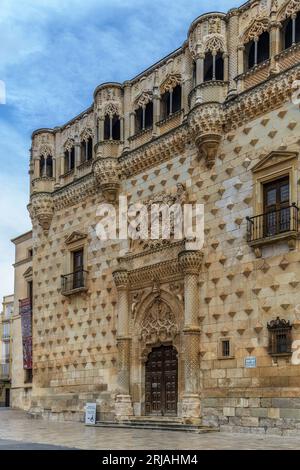 Palast der Herzöge des Infantados im elisabethanischen gotischen Stil mit Renaissance-Elementen in der Stadt Guadalajara, Castilla la Mancha, Spanien. Stockfoto