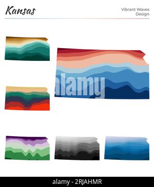 Eine Reihe von Vektorkarten von Kansas. Lebendiges Wellendesign. Helle Karte des US-Bundesstaates in Form geometrischer glatter Kurven. Bunte Kansas Karte für dein Design. Stock Vektor