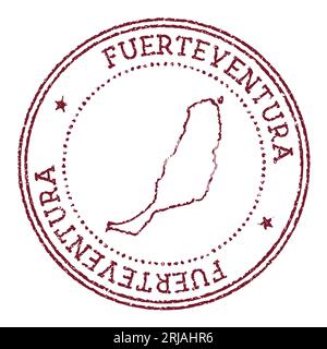 Fuerteventura Rundstempel aus Gummi mit Inselkarte. Vintage-roter Passstempel mit kreisförmigem Text und Sternen, Vektorillustration. Stock Vektor