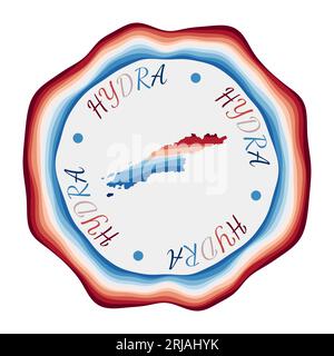 Hydra-Emblem. Karte der Insel mit wunderschönen geometrischen Wellen und leuchtend blauem Rahmen. Lebendiges, rundes Hydra-Logo. Vektorillustration. Stock Vektor