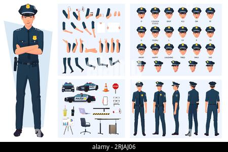 Policeman Character Creation mit Gesten, Gesichtsausdrücken, verschiedenen Posen, Polizeiauto und verschiedenen Elementen Stock Vektor