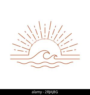 Lineares Boho-Symbol, Sonnenaufgang oder Sonnenuntergang auf Meereswellen isoliertes abstraktes Boheme-Logo. Vector SUN-Logo-Design-Vorlage, Dekoration in modernem minimalistischem Stil Stock Vektor