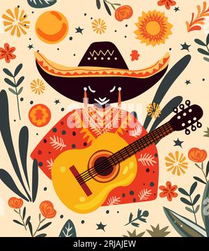 Dia de los Muertos, Tag der Toten in Mexiko mit Schädel, Gitarre, Blumen und Blättern. Design für Poster, Banner und Karten. Vektor. Stock Vektor