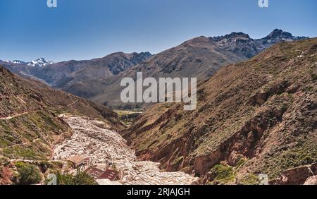 Salinas de Maras. Blick aus der Vogelperspektive auf die Salzminen von Maras im heiligen Tal in der Nähe von Cusco, Peru. Stockfoto
