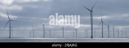 Panorama eines Offshore-Windparks vom Hafen aus im frühen Morgenlicht. Der Windpark Fryslân wurde im IJsselmeer in den Niederlanden errichtet Stockfoto