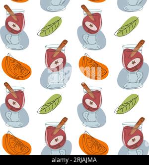 Endloses Muster aus Glühwein mit Zimtstangen, Apfel- und Orangenscheiben, grünem Blatt und farbenfrohen Flecken in trendigen Farben. Vektor. EPS. Isolieren. Design für Poster, Banner, Umhüllung oder Tapete, Web Stock Vektor