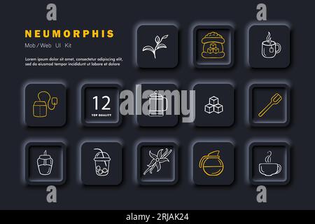 Symbol für Zuckerlinie. Tee, Wasserkocher, Kaffee, Latte, Tasse, Zuckerrohr, Eis, Trinken. Neomorphismus-Stil. Symbol für Vektorlinie für Business Stock Vektor