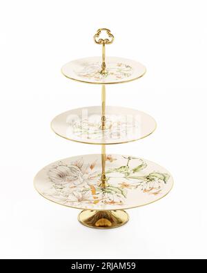 Porzellan-Cupcake-Teller isoliert auf weißem Hintergrund. 3D-Illustration. Stockfoto