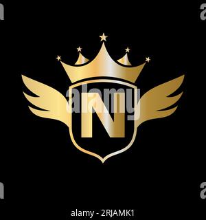Logo „Letter N Transportation“ mit Flügel, Schild und Kronen-Symbol. Wing-Logo Auf Shield-Symbol Stock Vektor