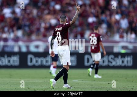 Turin, Italien. August 2023. Antonio Sanabria vom FC Turin zeigt während des Spiels der Serie A zwischen dem FC Turin und Cagliari Calcio. Dank: Marco Canoniero/Alamy Live News Stockfoto