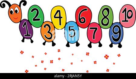 Vektornummern im Schlangen-Cartoon-Stil für Kinder. Vektorzahlen für die Kindermathematik in Schule, Vorschule und Kindergarten. Stock Vektor