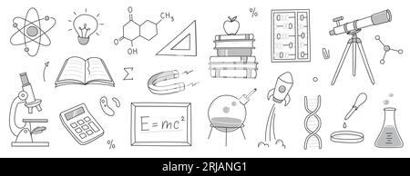 Doodle Science, eine Ikone der Schule. Handgezeichnete Skizzen bilden den wissenschaftlichen Hintergrund. Schulchemie, Physikunterricht, Biologiekonzeptsymbol. Darstellung des von Hand gezeichneten Linienvektors. Stock Vektor