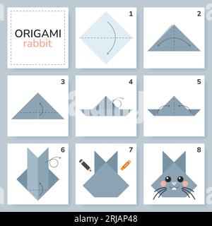 Origami-Tutorial für Kinder. Origami süßes Kaninchen. Stock Vektor