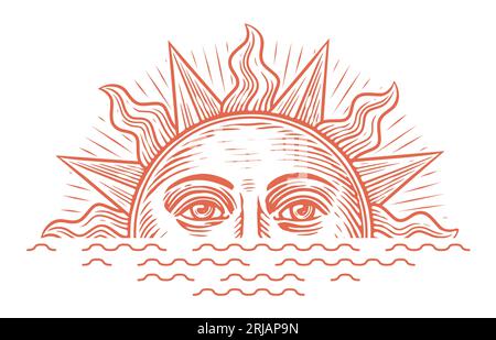 Sunrise Illustration im Gravurstil. Vintage-Skizzenvektor mit aufgehender Sonne und Meereswellen Stock Vektor