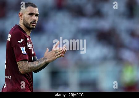 Turin, Italien. August 2023. Antonio Sanabria vom FC Turin zeigt während des Spiels der Serie A zwischen dem FC Turin und Cagliari Calcio. Dank: Marco Canoniero/Alamy Live News Stockfoto