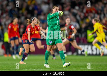 Mary Earps of England, nachdem sie am 20. August 2023 das Finale der FIFA Frauen-Weltmeisterschaft 2023 zwischen den Spanierinnen und den Englands im Stadion Australien, Sydney, Australien, verloren hatte. Foto von Richard Nicholson. Nur redaktionelle Verwendung, Lizenz für kommerzielle Nutzung erforderlich. Keine Verwendung bei Wetten, Spielen oder Veröffentlichungen eines einzelnen Vereins/einer Liga/eines einzelnen Spielers. Stockfoto