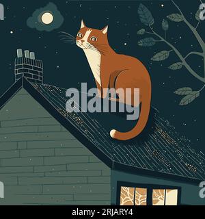 A Cute Storybook Style Ginger Cat Sitting on the Roof of a House under a Full Moon. Vector Art. Orange Tabby Kitty on the Roof of a Quaint Cottage. Stock Vektor