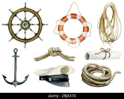 Nautisches Segelboot oder Schiff Aquarell Illustration Set mit Lenkrad, Lifebuoy, Anker, Seil Stockfoto