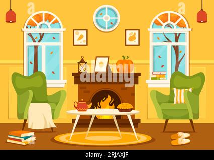 Herbst gemütliche Wohnkultur Vektor Illustration mit Wohnzimmer Innenmöbel Hintergrund Elemente in Flat Cartoon Hand gezeichnete Vorlagen Stock Vektor