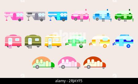 Sammlung Camping Caravan Autos und Anhänger Fahrzeuge von Reise-Caravans für Wohnmobile.Set von Camping-Auto. Stock Vektor
