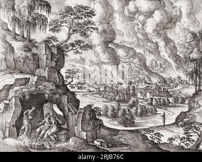 Die Zerstörung von Sodom und Gomorra. Auf dem rechten Grundstück hat die Frau auf die Katastrophe zurückgeschaut und wurde zu einer Salzsäule. Links auf dem Bildfeld und seine Töchter unterbringen sich in einer Höhle. Die Geschichte des Alten Testaments findet sich in 1. Mose 19:24–25. Nach einem Druck von Pieter van der Borcht. Stockfoto