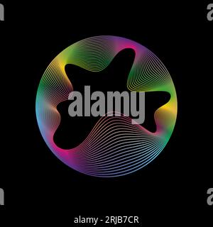 Leuchtender Kreis aus Neonfarben mit runder gekrümmter Form mit wellenförmigen dynamischen Linien, isoliert auf schwarzem Hintergrund. Kreisförmiger Rahmen Lichtrahmen. Konzept von Stock Vektor