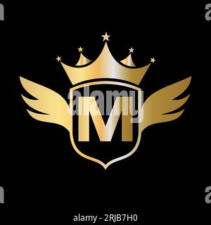 Logo „M Transportation“ mit Flügel, Schild und Kronen-Symbol. Wing-Logo Auf Shield-Symbol Stock Vektor