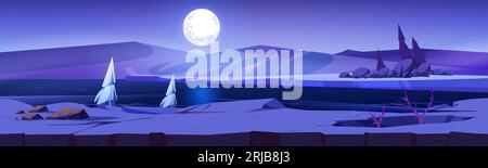 Polare nächtliche Landschaft mit Vollmond über dem gefrorenen Fluss. Vektor-Zeichentrickillustration von kaltem Eis auf Wasseroberfläche, Hügeln bedeckt mit weißem Schnee, sternenklare Nacht, Tannen. Polarer Mitternachtshintergrund Stock Vektor