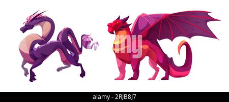 Zeichentrickdrache und griffin isoliert auf weißem Hintergrund. Vektorillustration fantastischer Kreaturen mit langem Schwanz, Flügeln, Mähne, Hörnern, Klauenpfoten. Fantasy-Maskottchen-Tiere. Charaktere des Abenteuerspiels Stock Vektor