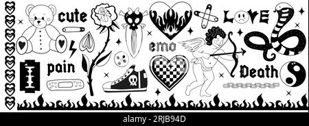 Y2K 2000er Jahre schwarze Grunge Emo Gothic Ästhetik Aufkleber, Tattoo Art Elemente und Slogan. Punk Rock düsteres Set. Gotisches Konzept gruseliger Liebe. Vektor Stock Vektor