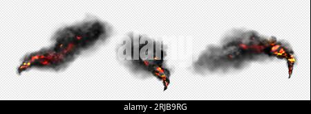 Feuer mit schwarzen Rauchwolken auf transparentem Hintergrund. Realistische Vektorillustration Textur von Flammen mit Säulen aus dunklem Smog oder Nebel mit Pulver und Partikeln aus Explosion oder Verbrennung. Stock Vektor