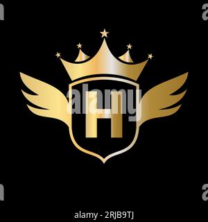 Logo „H Transportation“ mit Flügel, Schild und Krone. Wing-Logo Auf Shield-Symbol Stock Vektor