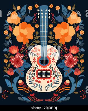 Dia de los Muertos, Tag der Toten in Mexiko mit Gitarre, Blumen und Blättern. Design für Poster, Banner und Karten. Vektor Stock Vektor