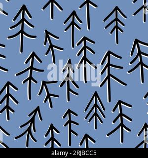 Handgezeichnetes blaues, nahtloses Muster aus Kiefernwald im Winter. Wald Landschaft Landschaft Landschaft Tourismus, Kiefer Nadelbaum Hintergrund, Outdoor Saison Schnee Schneefall. Kinder Kinderkrippe skandinavier Stockfoto