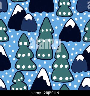Von Hand gezeichnetes nahtloses Muster mit winterlichen Nadelbäumen, waldblauen Bergen. skandinavische Karikaturlandschaft mit schneeweißen Punkten. Kinder Kinderzimmer Design Weihnachtsdruck minimalistischer Stil Stockfoto
