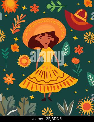 Dia de los Muertos, mexikanischer Urlaub mit Mädchen im Hut, bunten Blumen und Blättern. Perfekt für Web, Poster, Banner, Karten. Vektor Stock Vektor