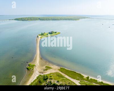 Luftaufnahme der Smith-Taylor Blockhütte, Shelter Island, ny Stockfoto