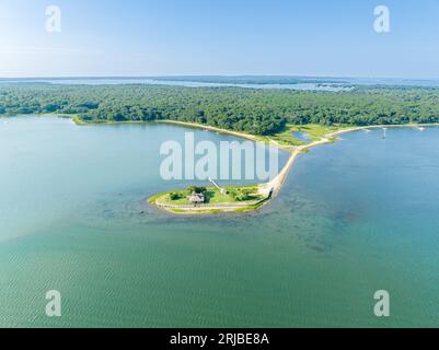 Luftaufnahme der Smith-Taylor Blockhütte, Shelter Island, ny Stockfoto