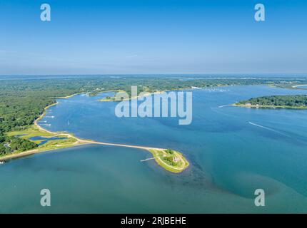 Luftaufnahme der Smith-Taylor Blockhütte, Shelter Island, ny Stockfoto