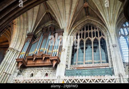 Blick auf Orgelpfeifen hoch oben in der Lichfield Cathedral, Staffordshire, Großbritannien. Die ältesten Pfeifen stammen aus dem 15. Jahrhundert, weitere wurden hinzugefügt Stockfoto