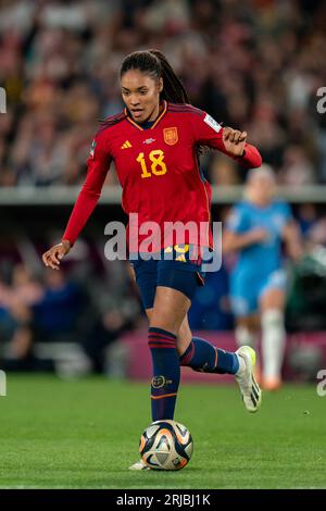Sydney, Australien, 20. August 2023: Salma Paralluelo (18 Spanien) dribbelt mit dem Ball während des Finalspiels der FIFA-Frauen-Weltmeisterschaft 2023 zwischen Spanien und England im Stadion Australien in Sydney, Australien. (NOE Llamas/SPP) Stockfoto