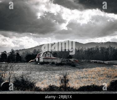 Eine alte Scheune, die sich in einer weiten Wiese befindet Stockfoto