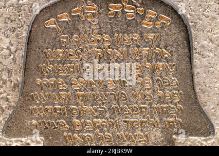 One metal keyring, Jewish 'Hand of Miriam' on metal, close-up, top view. Road prayer. Stock Photo