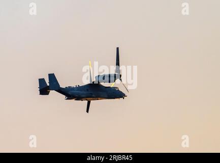 Ein Osprey, ein vertikales Start- und Landeflugzeug, das bei Sonnenuntergang über Ambleside, Lake District, Großbritannien, fliegt. Stockfoto